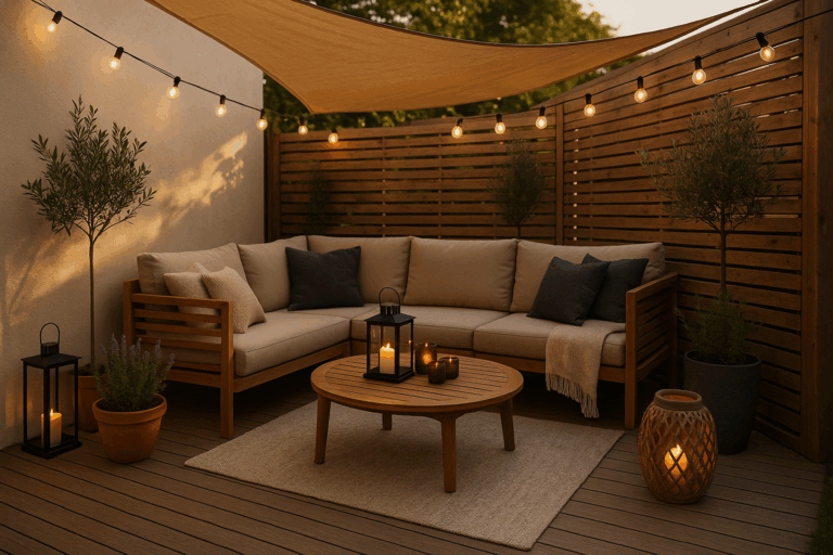 Træterrasse med spisebord og stole, parasol, lavendel og oliventræer. En funktionel og stilren spiseplads i haven