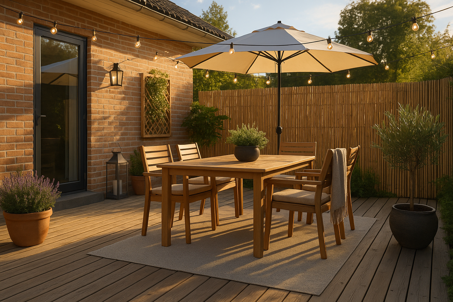 Træterrasse med spisebord og stole, parasol, lavendel og oliventræer. En funktionel og stilren spiseplads i haven.