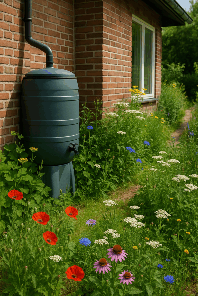 Regnvandstønde monteret på nedløbsrør ved rødt murstenshus, omgivet af vilde blomster som valmuer, røllike og kornblomster i en bæredygtig have.