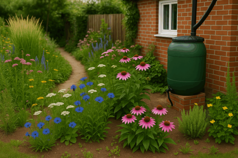 Have med blomster og vandtønde stående forhøjet ved hus