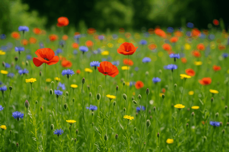 Farverig blomstereng med røde valmuer, blå kornblomster og gule margueritter i naturligt sollys. Perfekt eksempel på biodiversitet og vilde haver.
