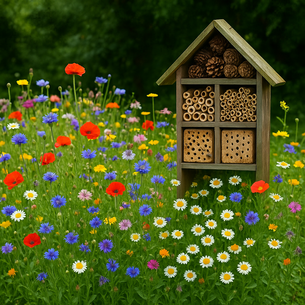 Insekthotel i træ omgivet af vilde blomster i en vild have. Hotellet er fyldt med bambusrør og kogler og tiltrækker bier og nyttedyr.
